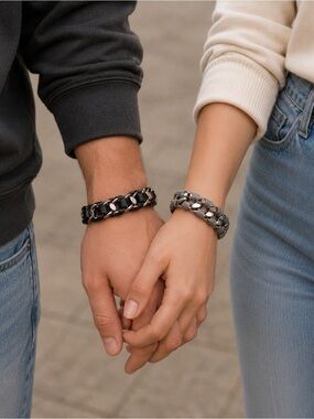 Jessica Elliot SET OF 2 Silver Tone Chunky Curb Chain Black & Grey Woven Leather